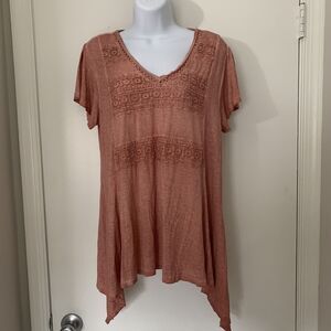 Artesia Embroidered Lagenlook Distressed Tunic Pink, With V Neck Med